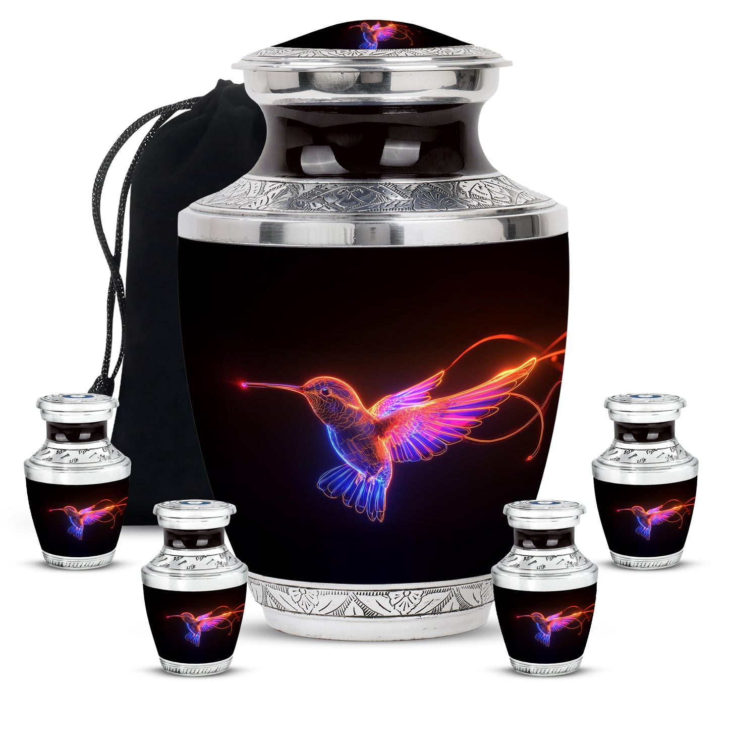 Glossy Black Hummingbird Cremation Urn lifestyle display on memorial shelf - contemporary hummingbird design with modern artistic flair - memorial set with one large and four small urns