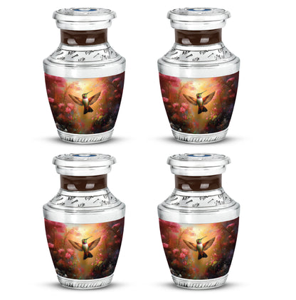 Gilded Gold Hummingbird Cremation Urn back view with polished surface - modern art-inspired hummingbird motif on sleek aluminum - 10 inch aluminum urn for cremated remains