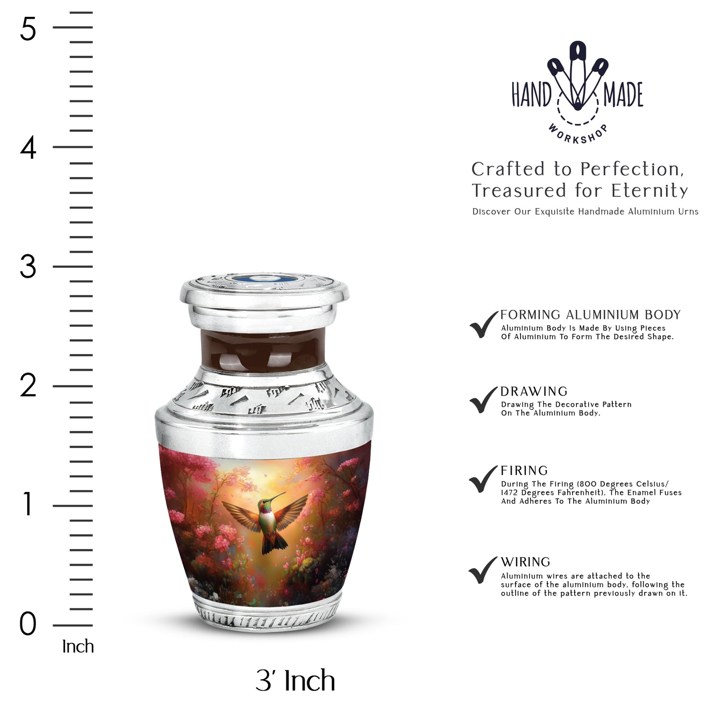 Burnished Gold Hummingbird Cremation Urn top-down view of secure threaded lid - stylized abstract hummingbird pattern with bold lines - mini keepsake memorial for portion of cremation ashes