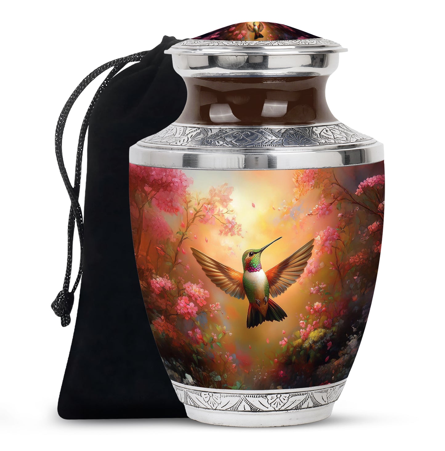 Champagne Gold Hummingbird Cremation Urn side profile showing urn shape - modern art-inspired hummingbird motif on sleek aluminum - full-size 10 inch 200 cubic inch adult cremation urn