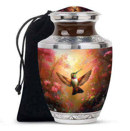 Champagne Gold Hummingbird Cremation Urn side profile showing urn shape - modern art-inspired hummingbird motif on sleek aluminum - full-size 10 inch 200 cubic inch adult cremation urn