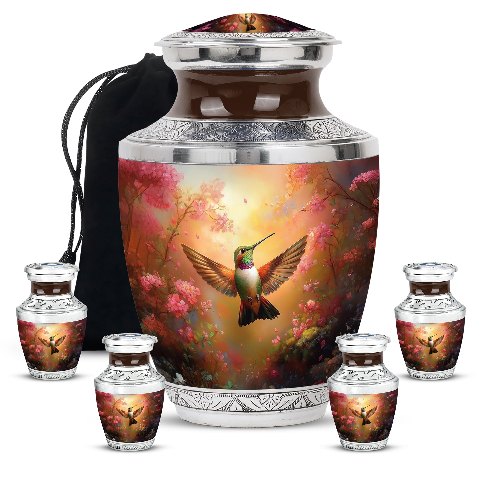 Warm Gold Hummingbird Cremation Urn lifestyle display on memorial shelf - artistic hummingbird interpretation with creative detail - memorial set with one large and four small urns