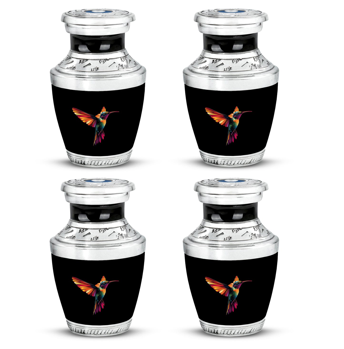 Rich Black Hummingbird Cremation Urn back view with polished surface - modern art-inspired hummingbird motif on sleek aluminum - 10 inch aluminum urn for cremated remains