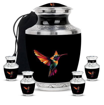 Deep Black Hummingbird Cremation Urn lifestyle display on memorial shelf - modern art-inspired hummingbird motif on sleek aluminum - memorial set with one large and four small urns