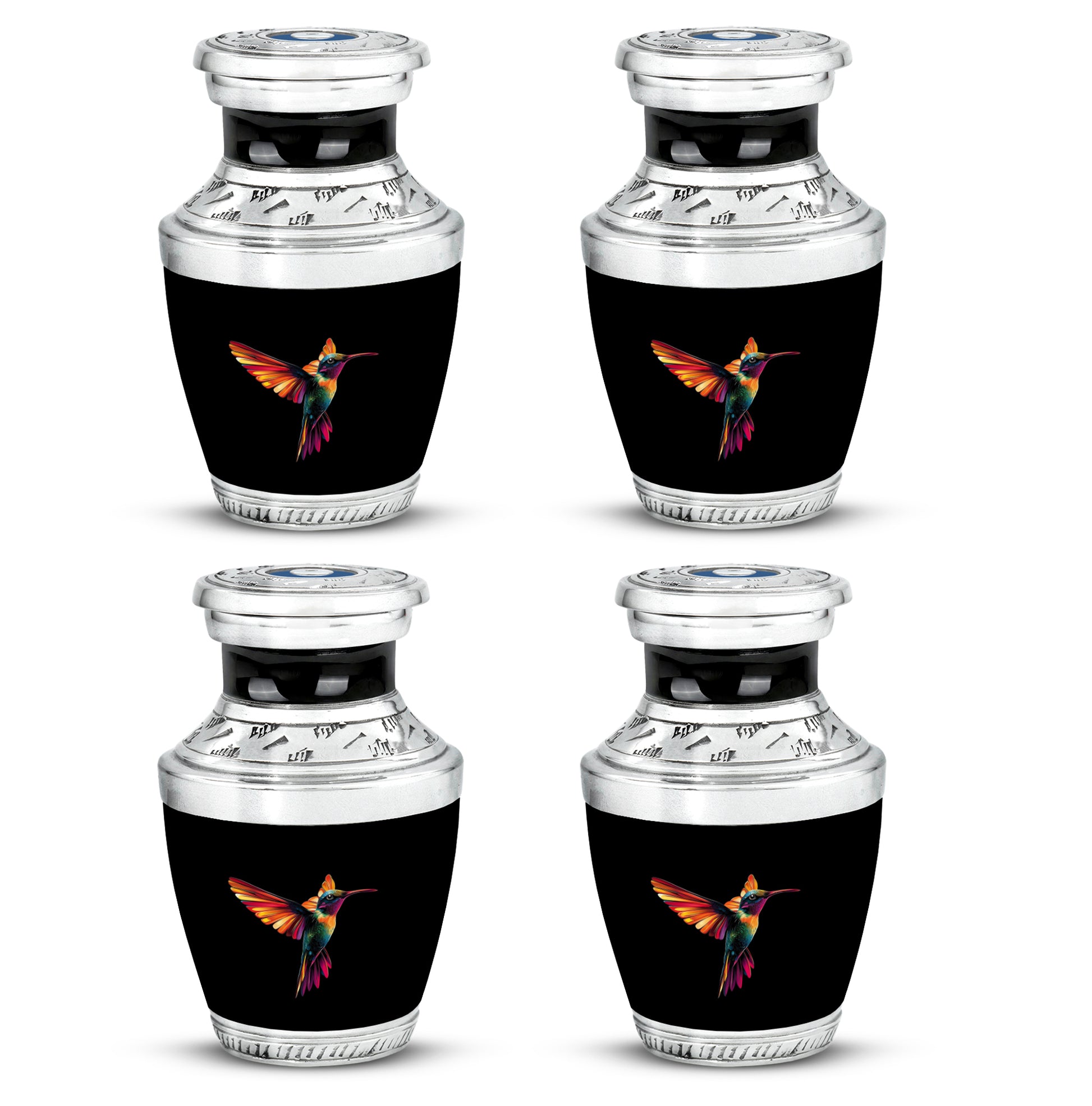 Rich Black Hummingbird Cremation Urn back view with polished surface - modern art-inspired hummingbird motif on sleek aluminum - 10 inch aluminum urn for cremated remains