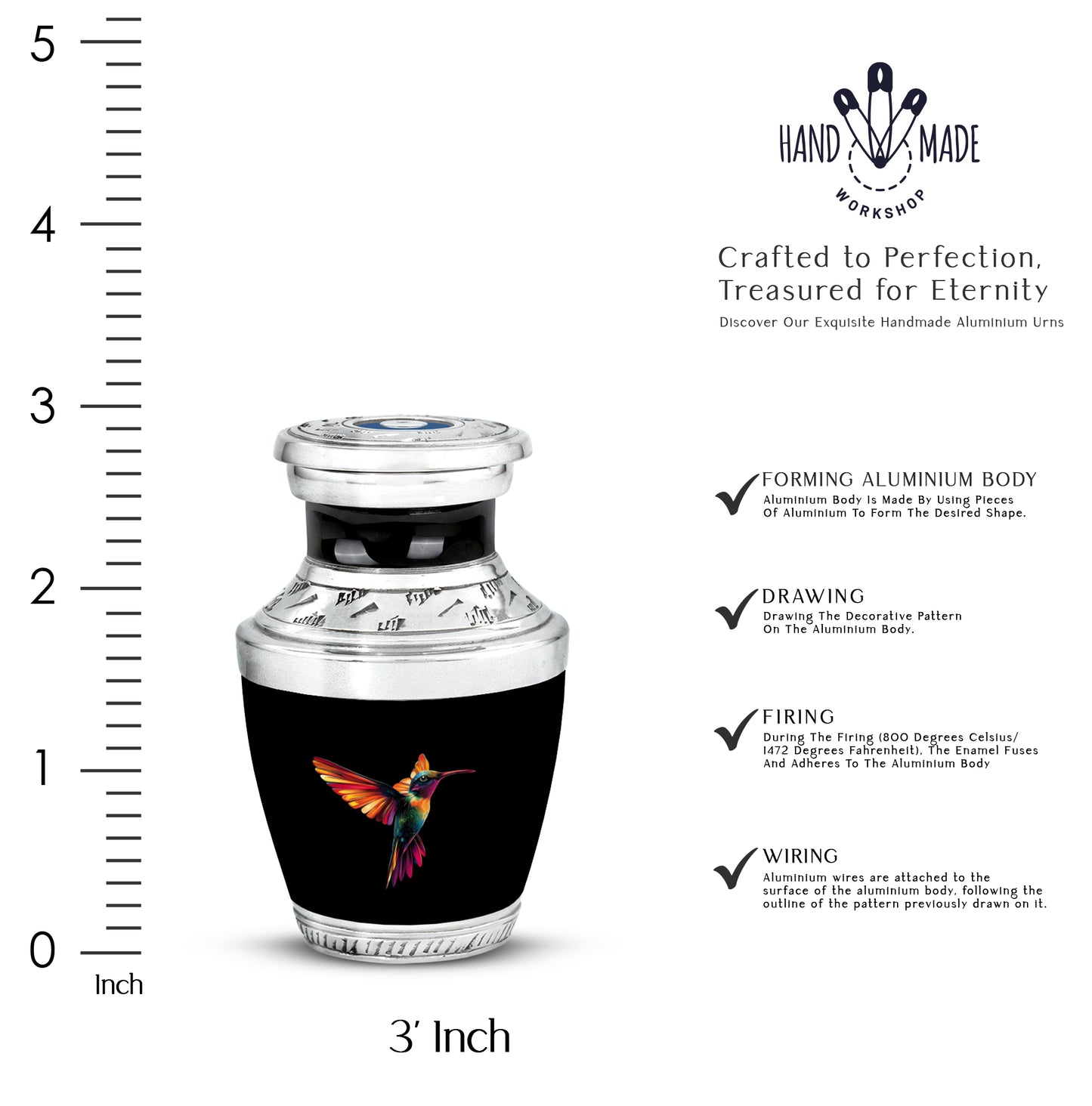 Glossy Black Hummingbird Cremation Urn top-down view of secure threaded lid - contemporary hummingbird design with modern artistic flair - mini keepsake memorial for portion of cremation ashes