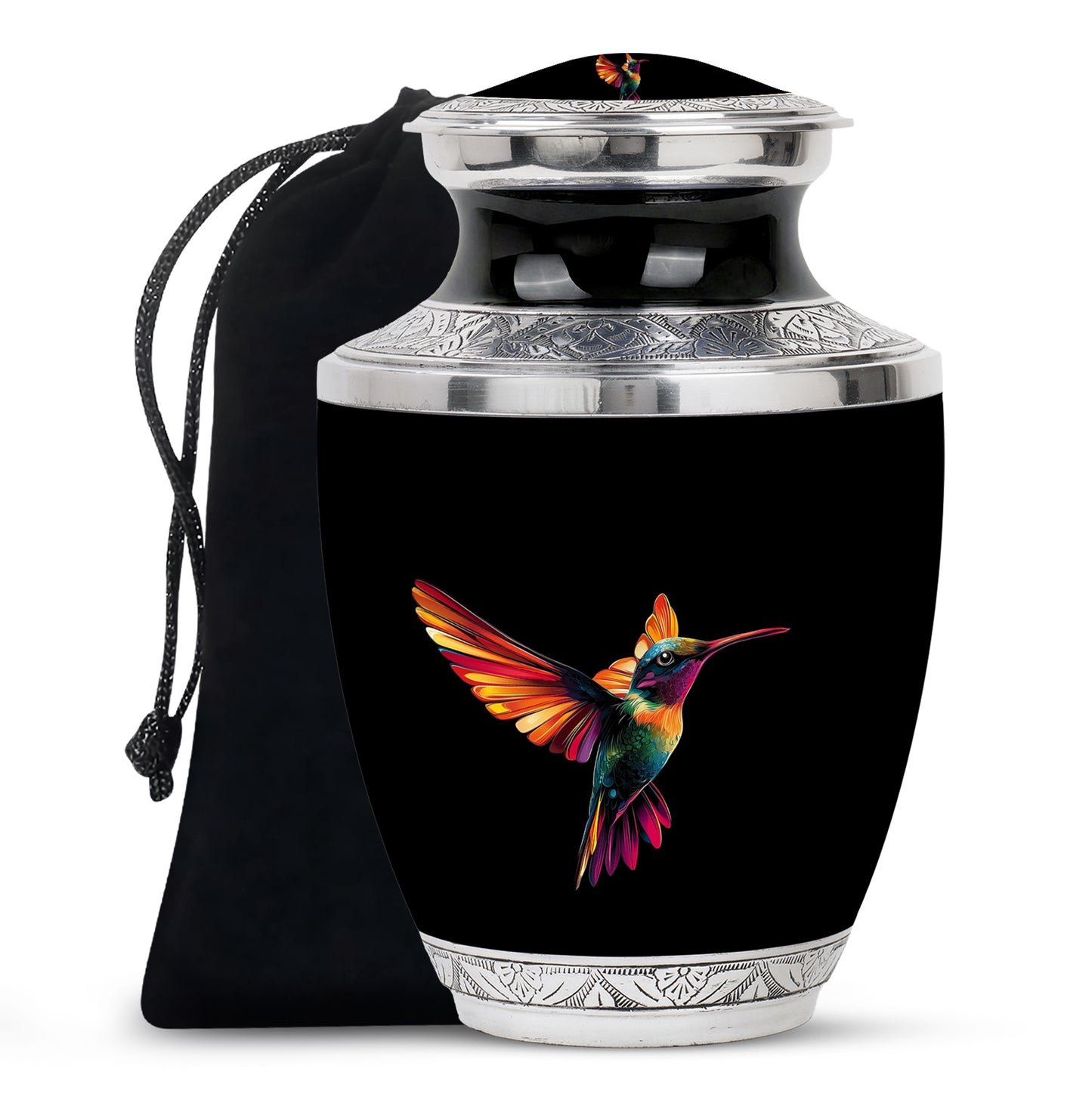 Dark Black Hummingbird Cremation Urn side profile showing urn shape - artistic hummingbird interpretation with creative detail - full-size 10 inch 200 cubic inch adult cremation urn