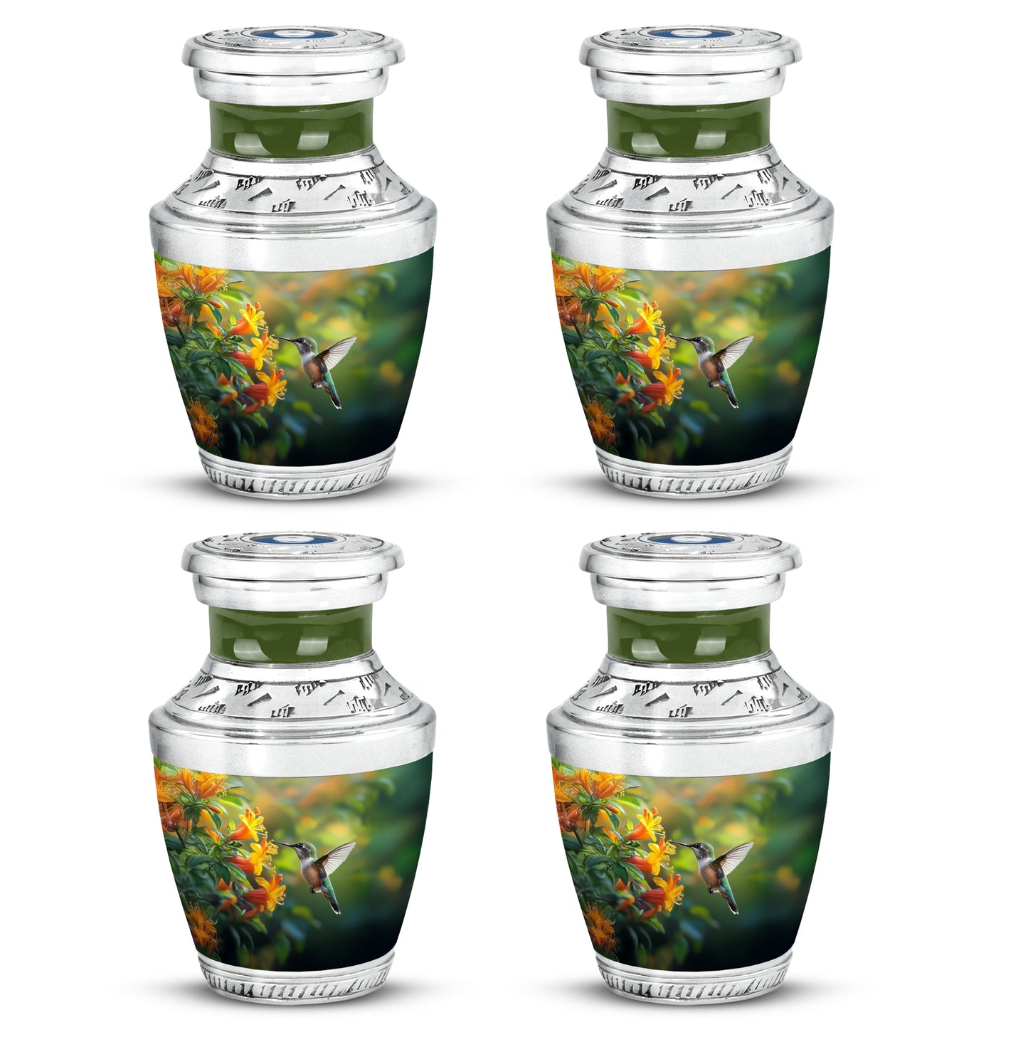 Sage Green Hummingbird Cremation Urn back view with polished surface - modern art-inspired hummingbird motif on sleek aluminum - 10 inch aluminum urn for cremated remains