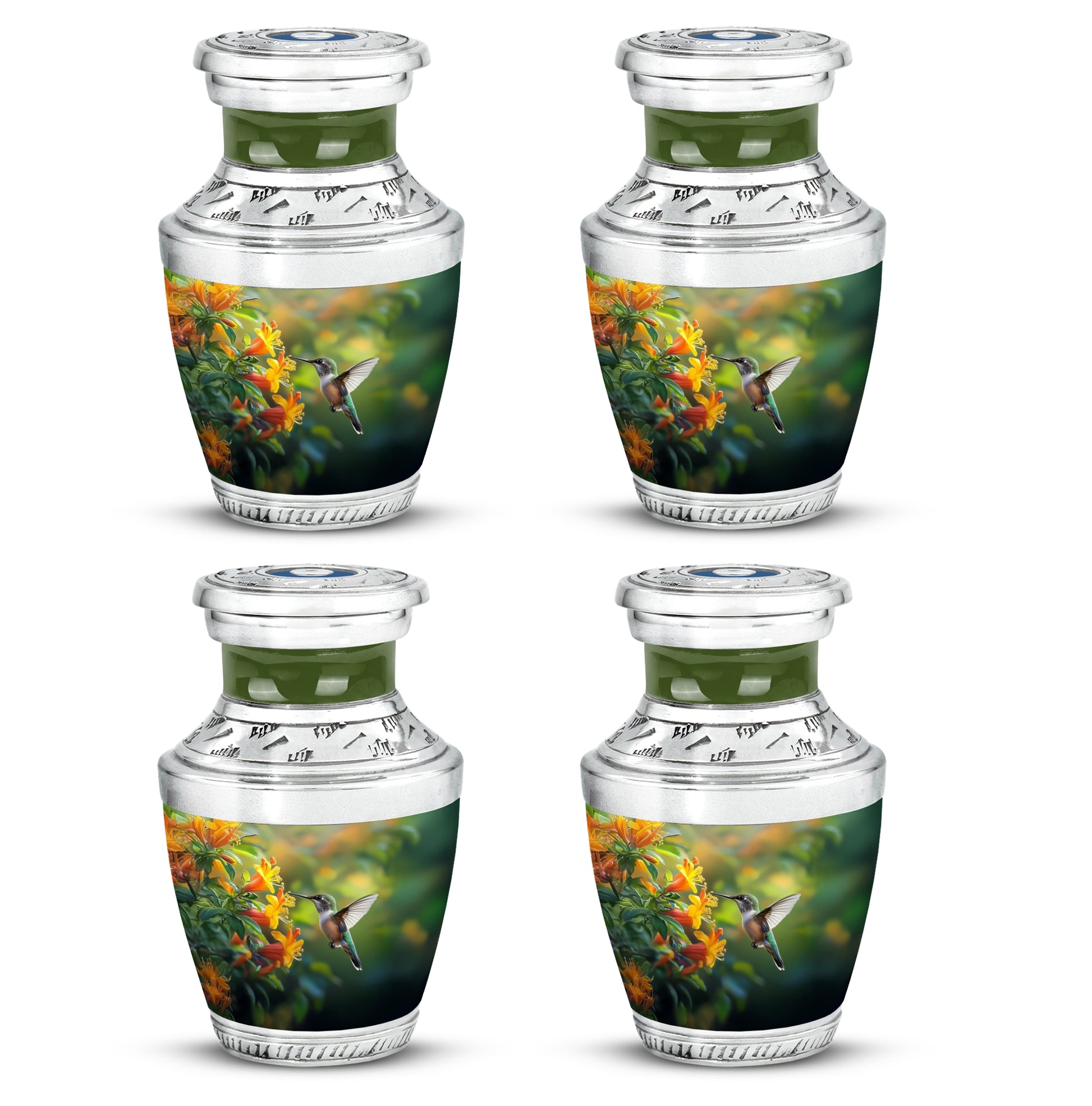 Sage Green Hummingbird Cremation Urn back view with polished surface - modern art-inspired hummingbird motif on sleek aluminum - 10 inch aluminum urn for cremated remains