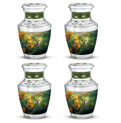 Sage Green Hummingbird Cremation Urn back view with polished surface - modern art-inspired hummingbird motif on sleek aluminum - 10 inch aluminum urn for cremated remains
