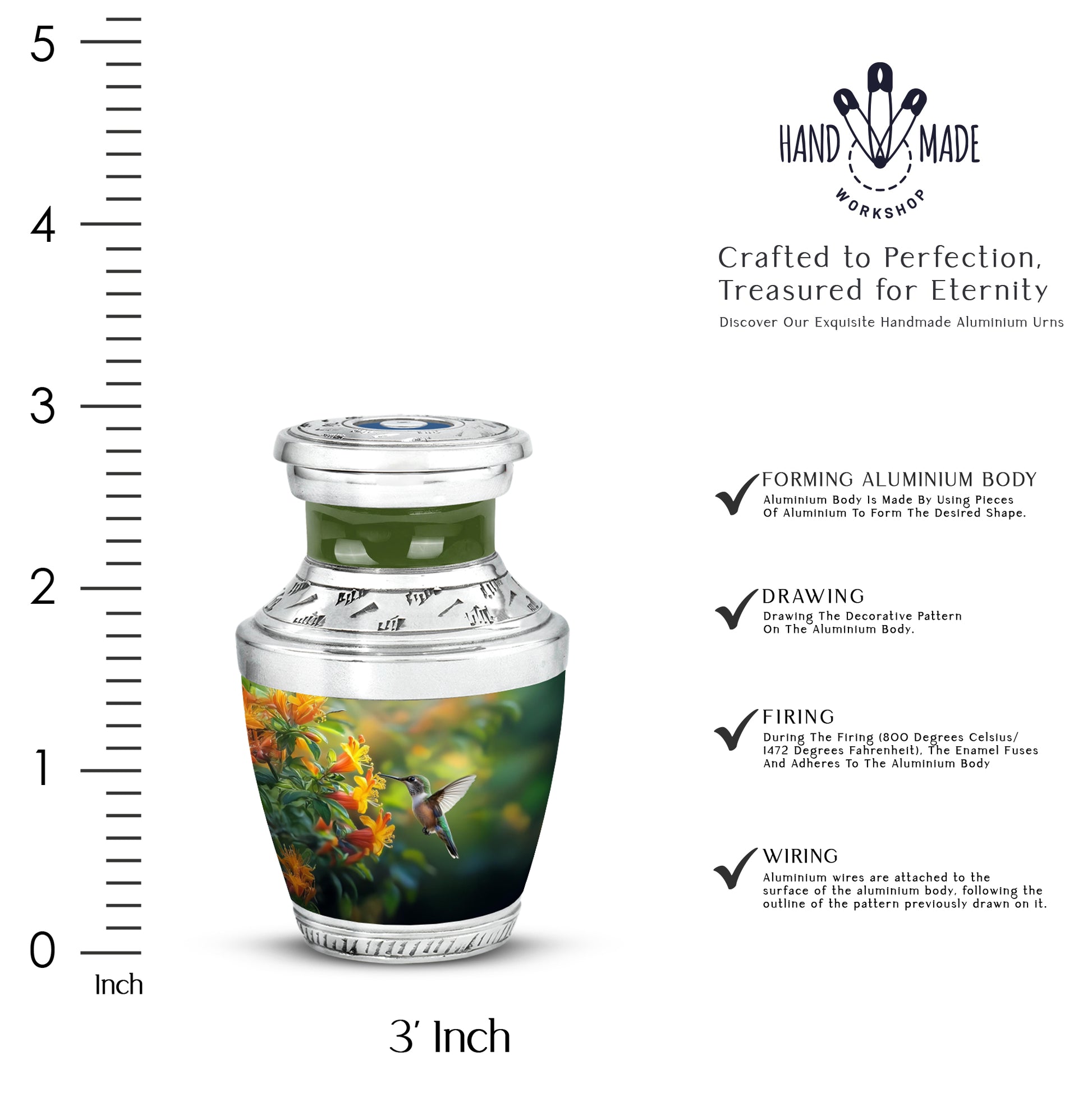 Moss Green Hummingbird Cremation Urn top-down view of secure threaded lid - modern art-inspired hummingbird motif on sleek aluminum - mini keepsake memorial for portion of cremation ashes