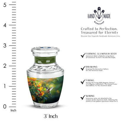 Moss Green Hummingbird Cremation Urn top-down view of secure threaded lid - modern art-inspired hummingbird motif on sleek aluminum - mini keepsake memorial for portion of cremation ashes