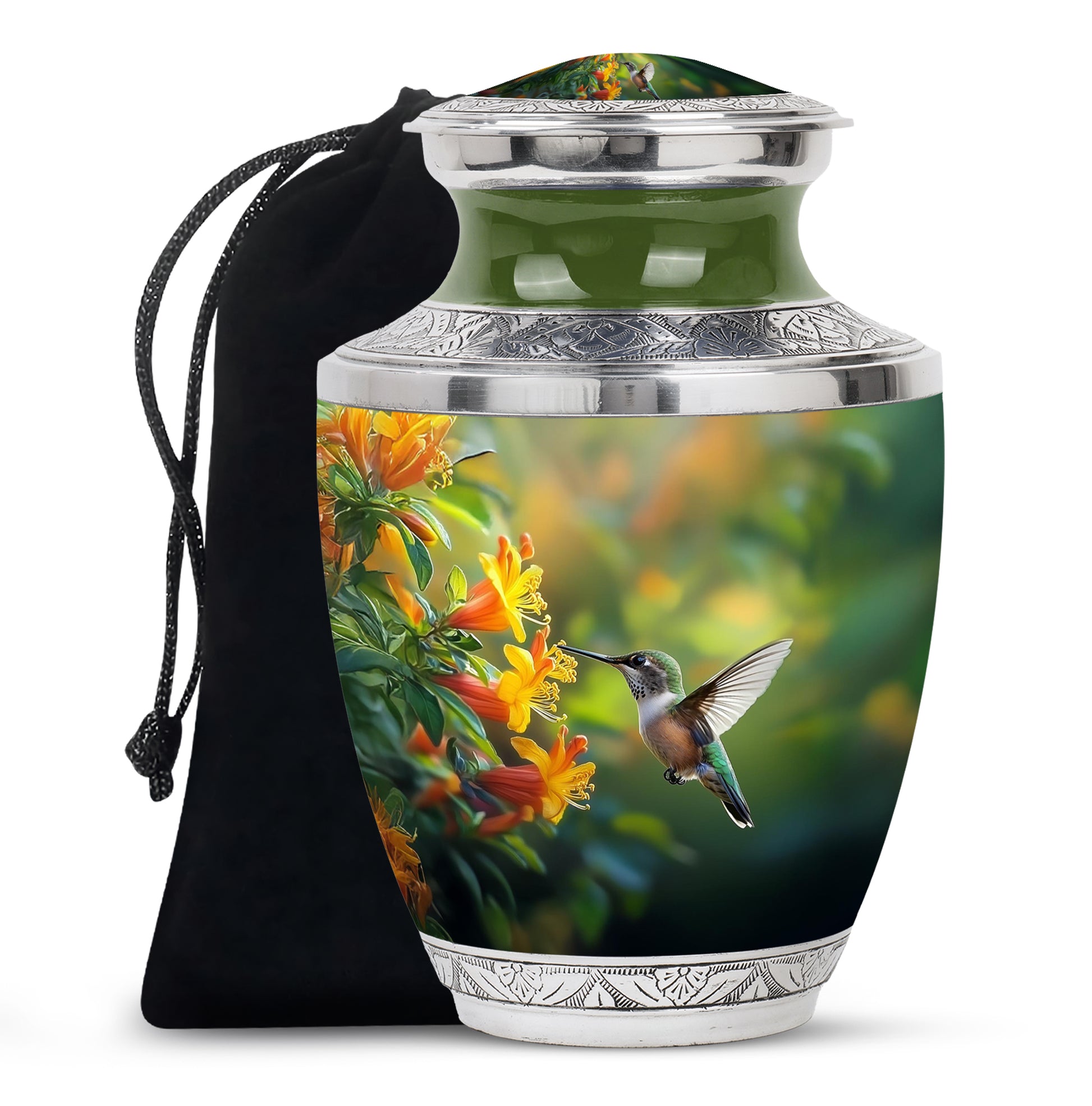 Olive Green Hummingbird Cremation Urn side profile showing urn shape - stylized abstract hummingbird pattern with bold lines - full-size 10 inch 200 cubic inch adult cremation urn