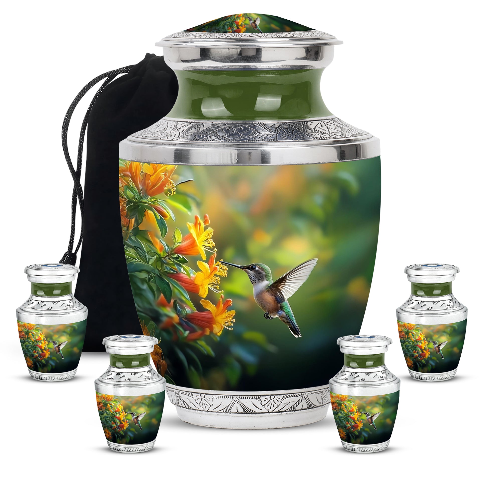 Mint Green Hummingbird Cremation Urn lifestyle display on memorial shelf - stylized abstract hummingbird pattern with bold lines - memorial set with one large and four small urns