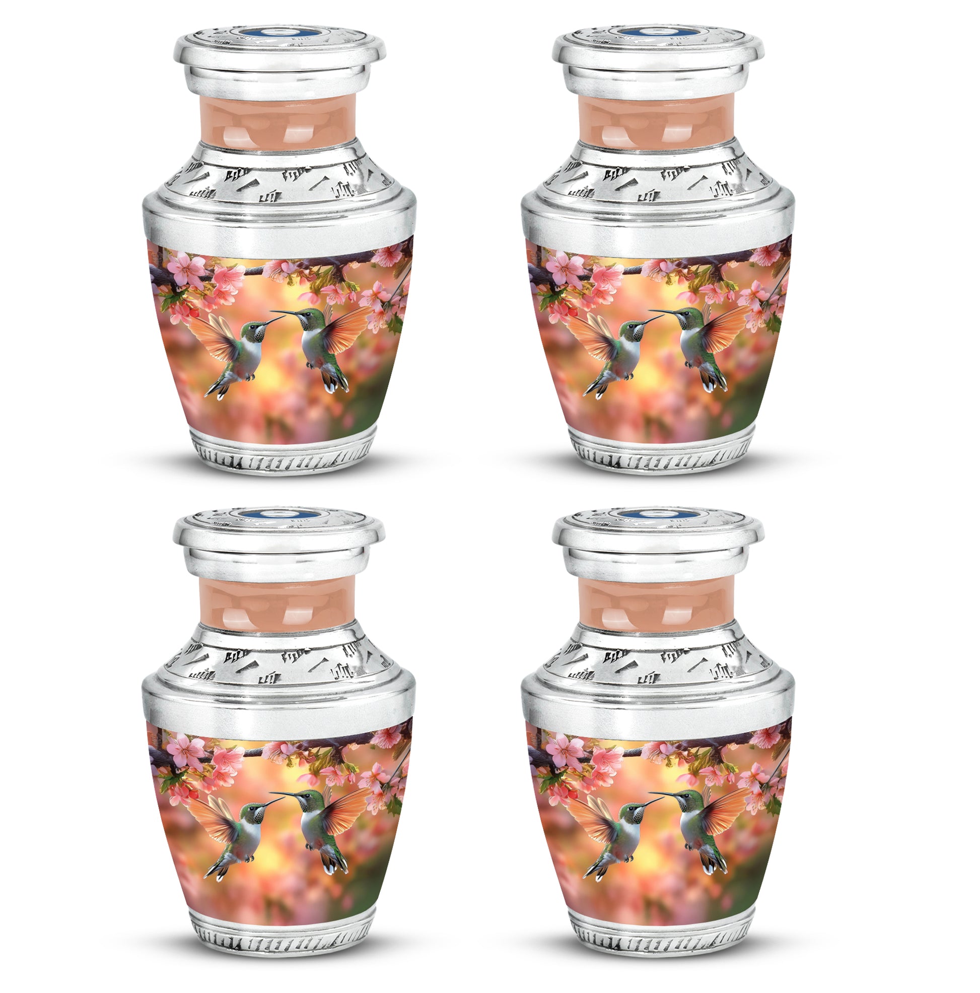 Matte Gold Hummingbird Cremation Urn back view with polished surface - stylized abstract hummingbird pattern with bold lines - 10 inch aluminum urn for cremated remains