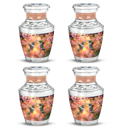 Matte Gold Hummingbird Cremation Urn back view with polished surface - stylized abstract hummingbird pattern with bold lines - 10 inch aluminum urn for cremated remains