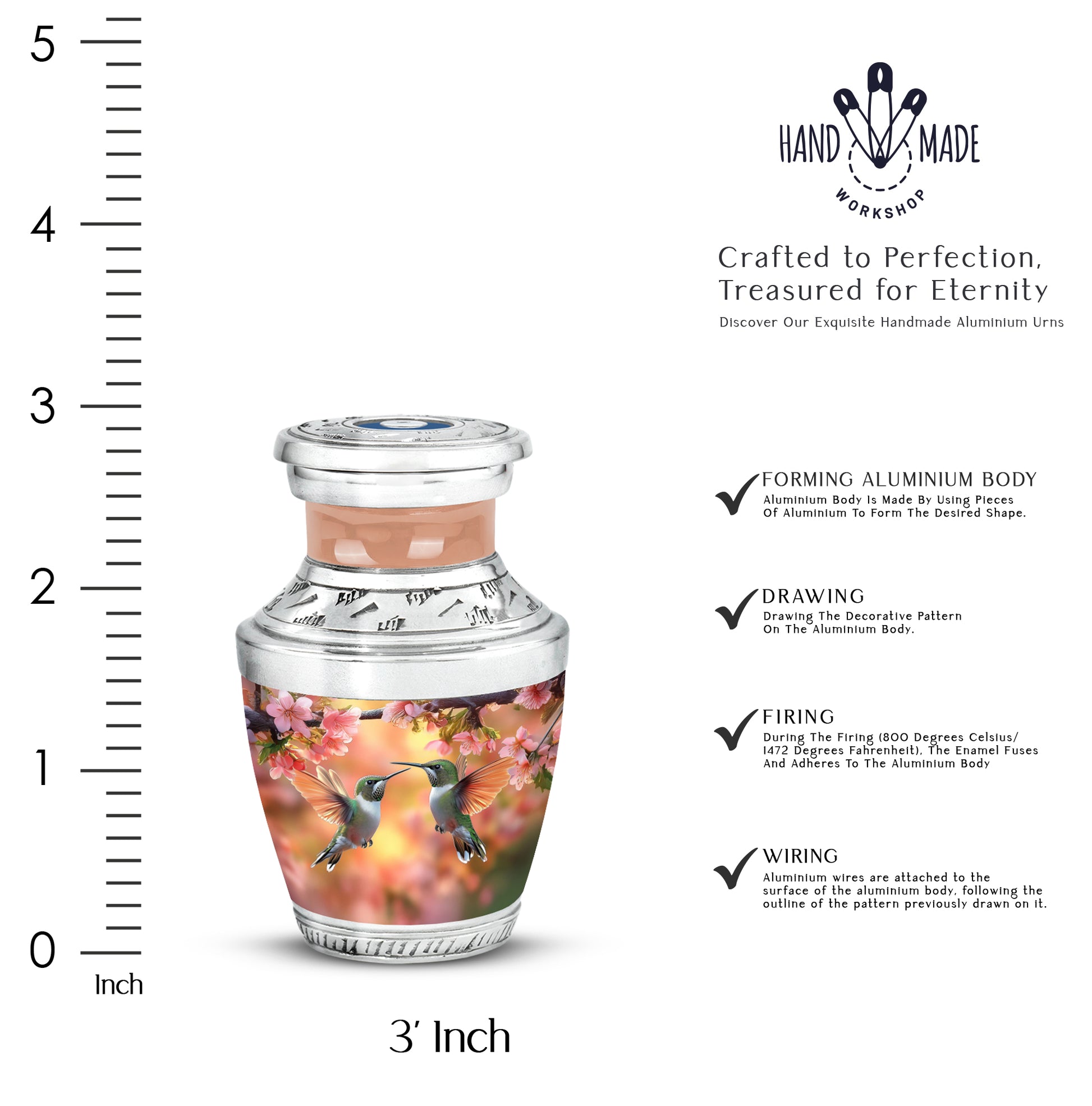 Sunrise Gold Hummingbird Cremation Urn top-down view of secure threaded lid - modern art-inspired hummingbird motif on sleek aluminum - mini keepsake memorial for portion of cremation ashes