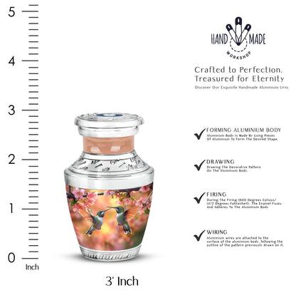 Sunrise Gold Hummingbird Cremation Urn top-down view of secure threaded lid - modern art-inspired hummingbird motif on sleek aluminum - mini keepsake memorial for portion of cremation ashes