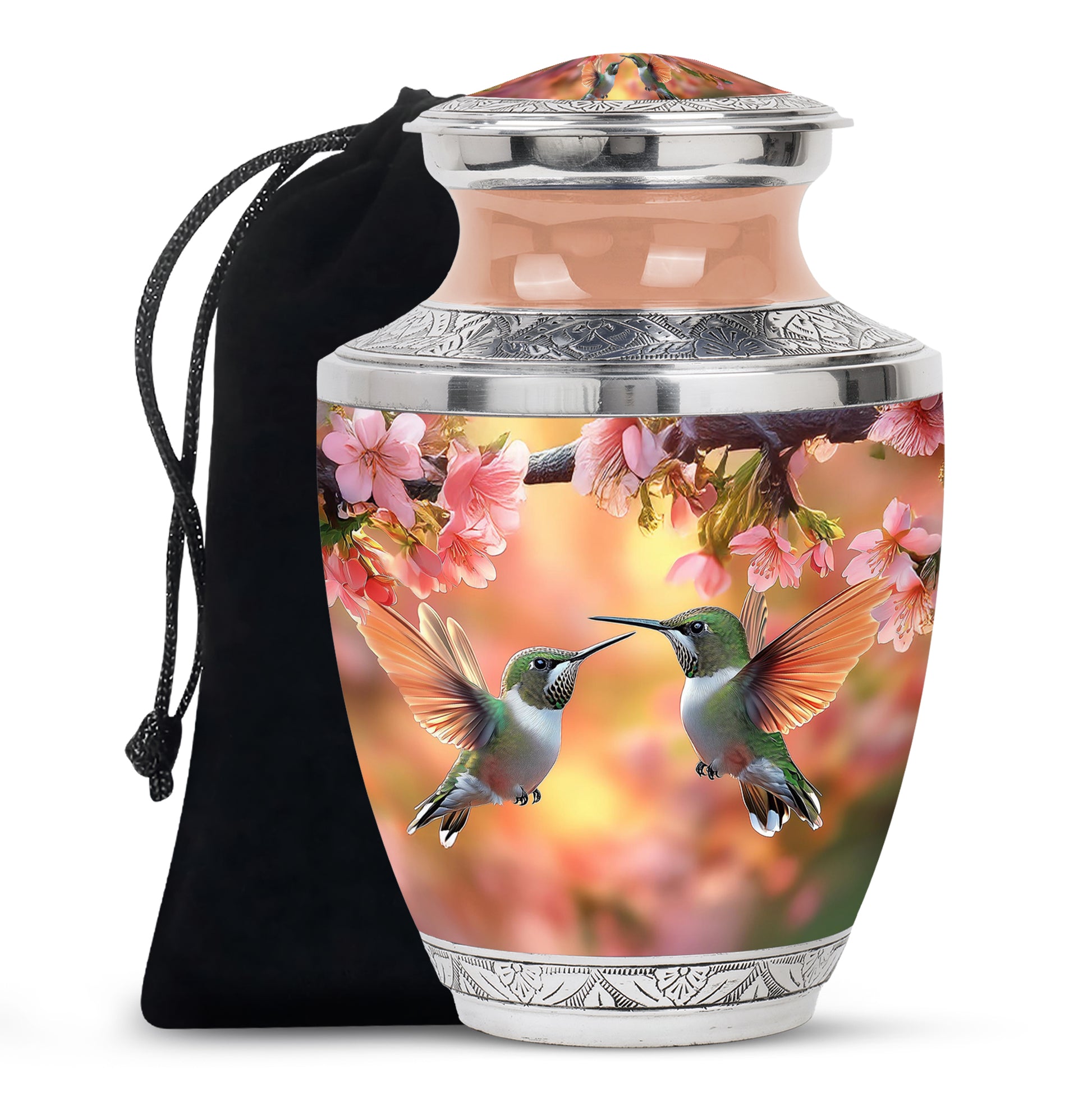 Matte Gold Hummingbird Cremation Urn side profile showing urn shape - artistic hummingbird interpretation with creative detail - full-size 10 inch 200 cubic inch adult cremation urn