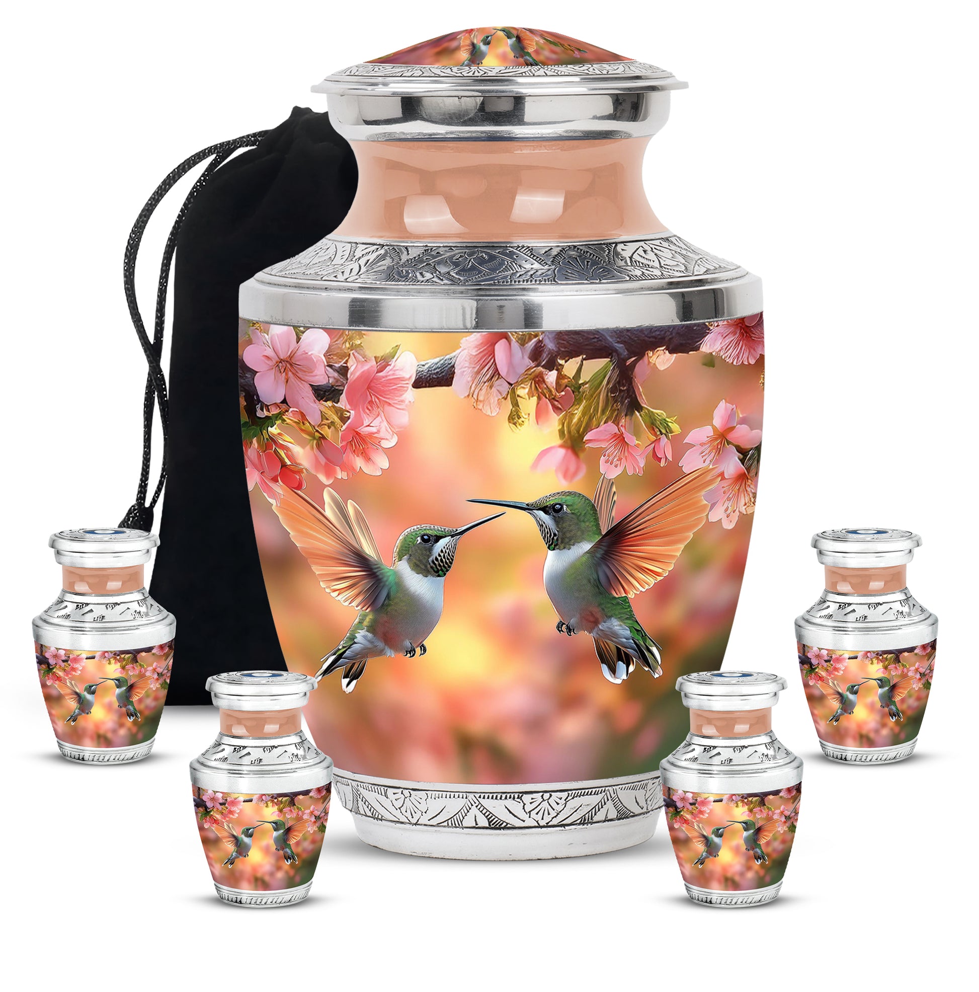 Matte Gold Hummingbird Cremation Urn lifestyle display on memorial shelf - stylized abstract hummingbird pattern with bold lines - memorial set with one large and four small urns