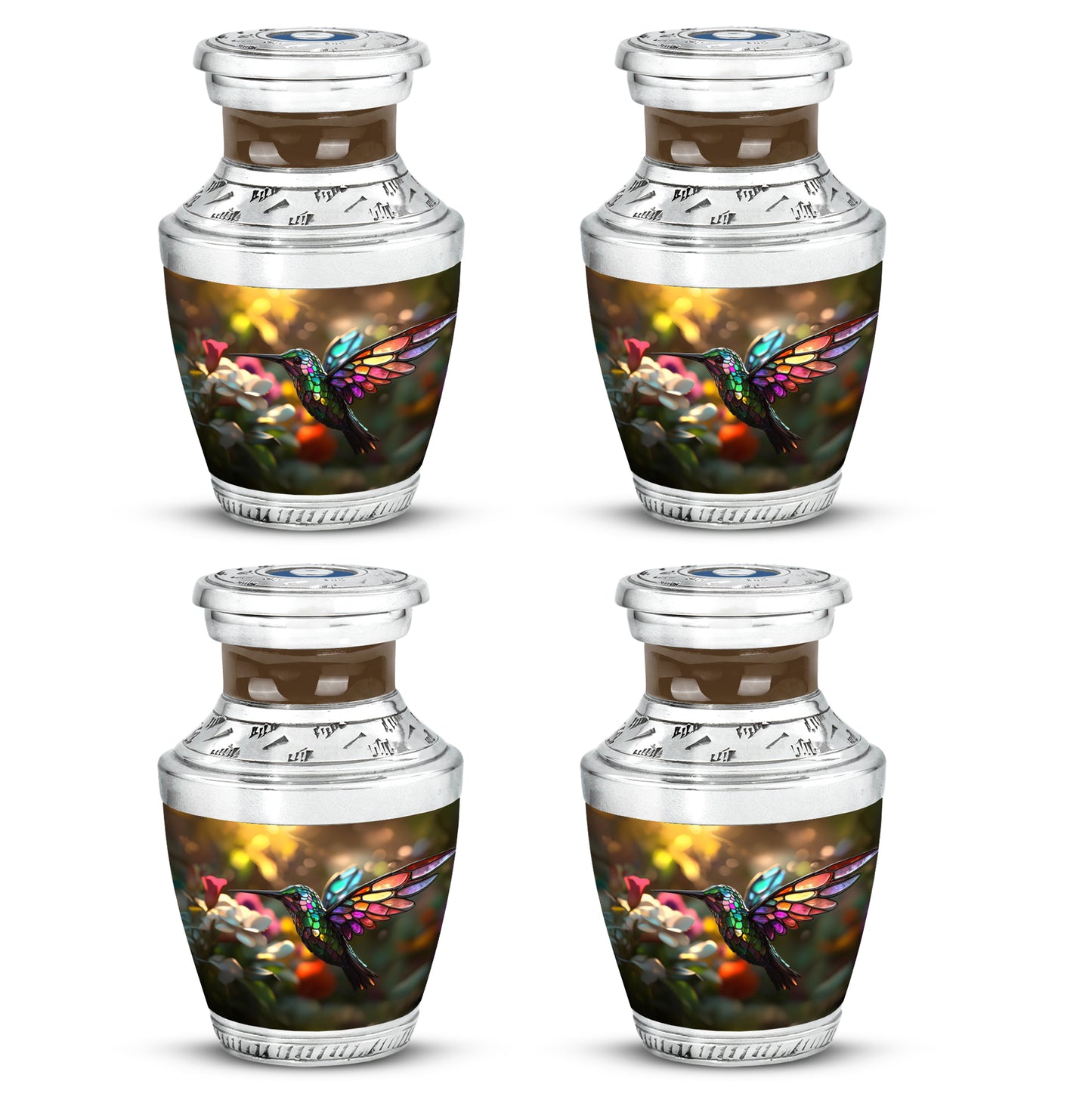 Antique Gold Hummingbird Cremation Urn back view with polished surface - contemporary hummingbird design with modern artistic flair - 10 inch aluminum urn for cremated remains