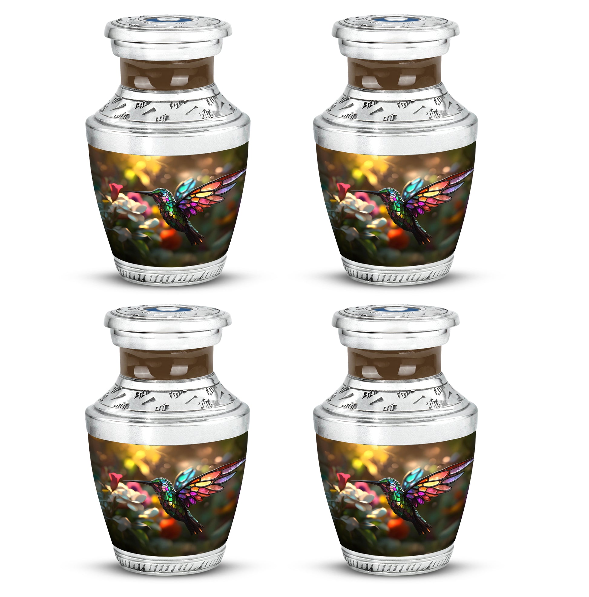 Antique Gold Hummingbird Cremation Urn back view with polished surface - contemporary hummingbird design with modern artistic flair - 10 inch aluminum urn for cremated remains