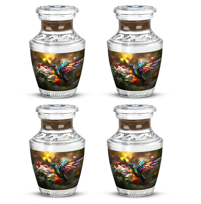 Antique Gold Hummingbird Cremation Urn back view with polished surface - contemporary hummingbird design with modern artistic flair - 10 inch aluminum urn for cremated remains
