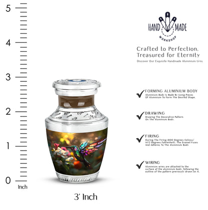 Amber Gold Hummingbird Cremation Urn top-down view of secure threaded lid - contemporary hummingbird design with modern artistic flair - mini keepsake memorial for portion of cremation ashes