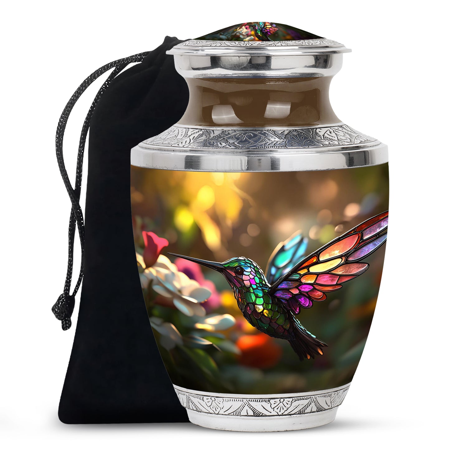 Gilded Gold Hummingbird Cremation Urn side profile showing urn shape - contemporary hummingbird design with modern artistic flair - full-size 10 inch 200 cubic inch adult cremation urn