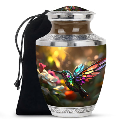 Gilded Gold Hummingbird Cremation Urn side profile showing urn shape - contemporary hummingbird design with modern artistic flair - full-size 10 inch 200 cubic inch adult cremation urn