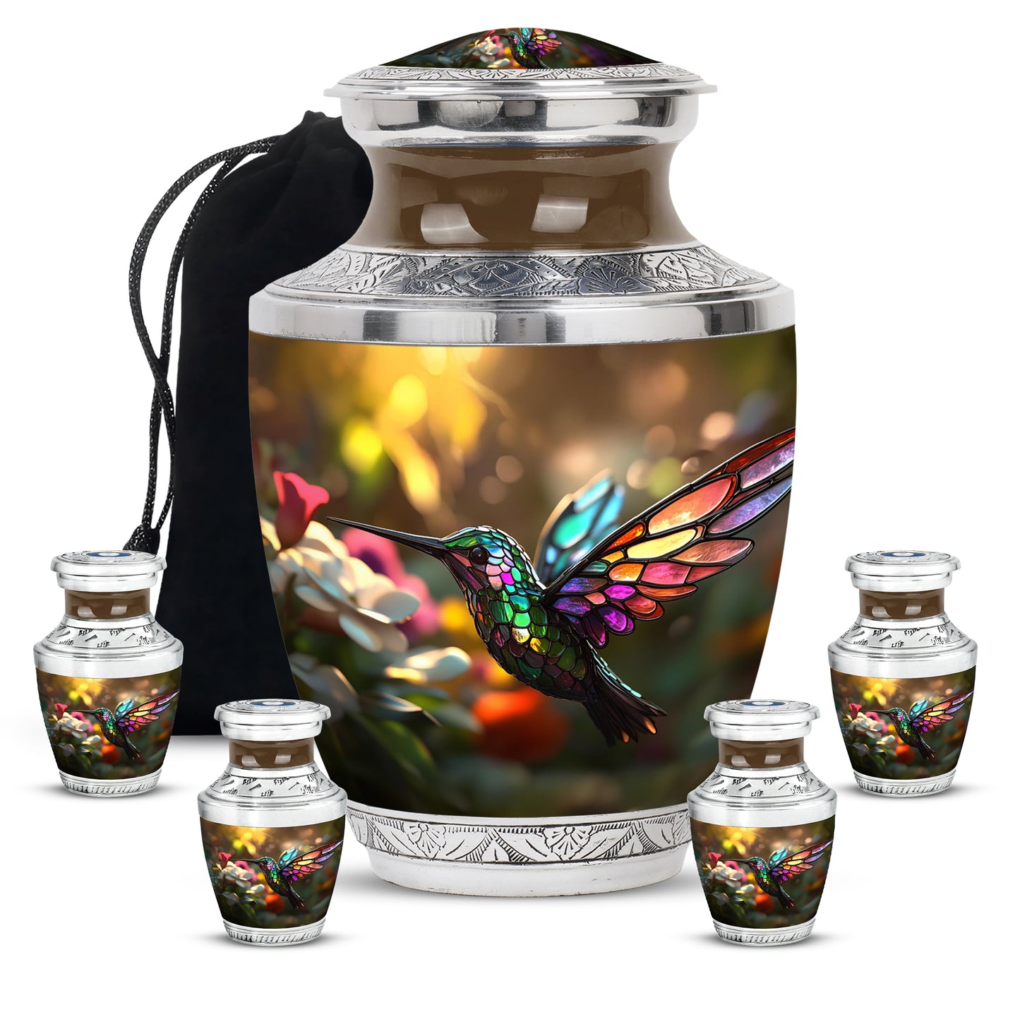 Sunrise Gold Hummingbird Cremation Urn lifestyle display on memorial shelf - modern art-inspired hummingbird motif on sleek aluminum - memorial set with one large and four small urns