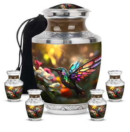 Sunrise Gold Hummingbird Cremation Urn lifestyle display on memorial shelf - modern art-inspired hummingbird motif on sleek aluminum - memorial set with one large and four small urns