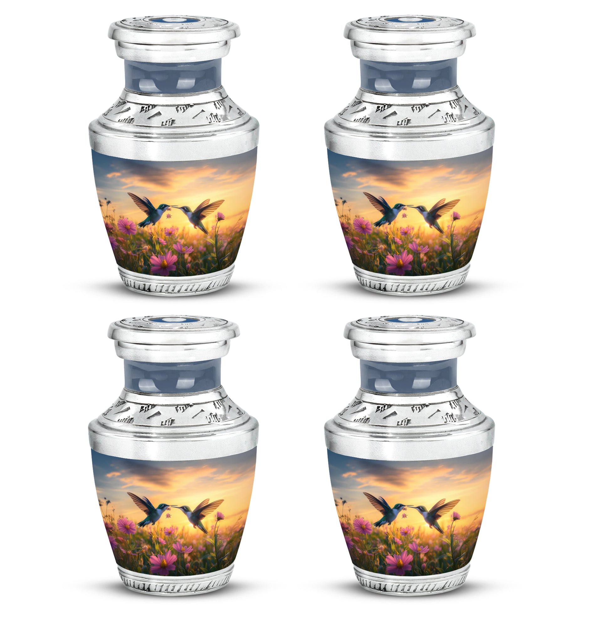 Dusty Blue Hummingbird Cremation Urn back view with polished surface - contemporary hummingbird design with modern artistic flair - 10 inch aluminum urn for cremated remains