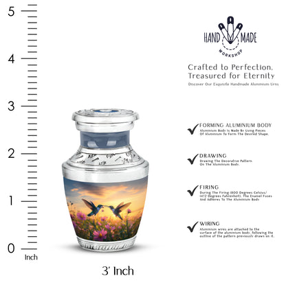 Misty Blue Hummingbird Cremation Urn top-down view of secure threaded lid - modern art-inspired hummingbird motif on sleek aluminum - mini keepsake memorial for portion of cremation ashes