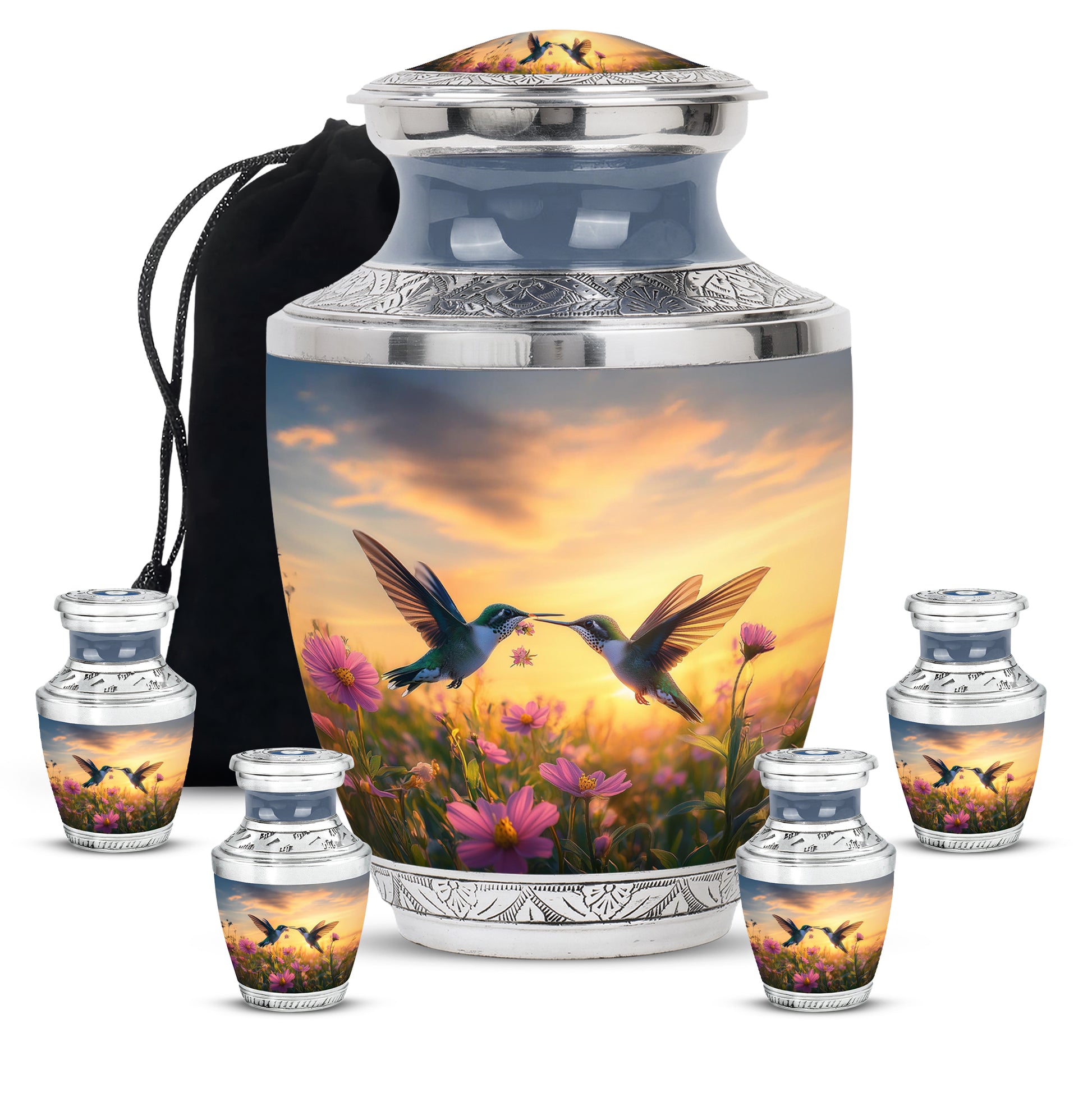 Indigo Hummingbird Cremation Urn lifestyle display on memorial shelf - contemporary hummingbird design with modern artistic flair - memorial set with one large and four small urns