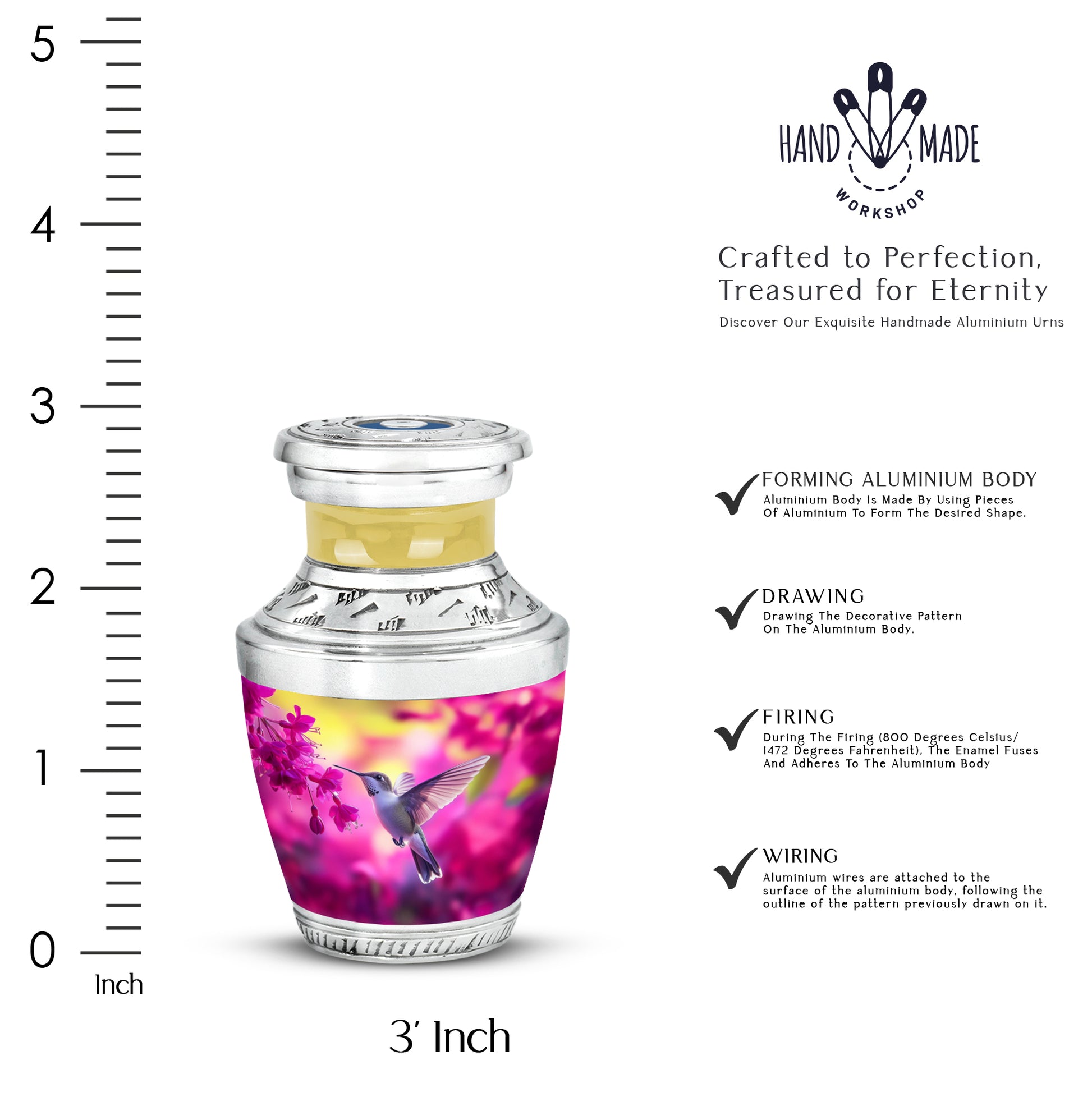 Vintage Pink Hummingbird Cremation Urn top-down view of secure threaded lid - artistic hummingbird interpretation with creative detail - mini keepsake memorial for portion of cremation ashes