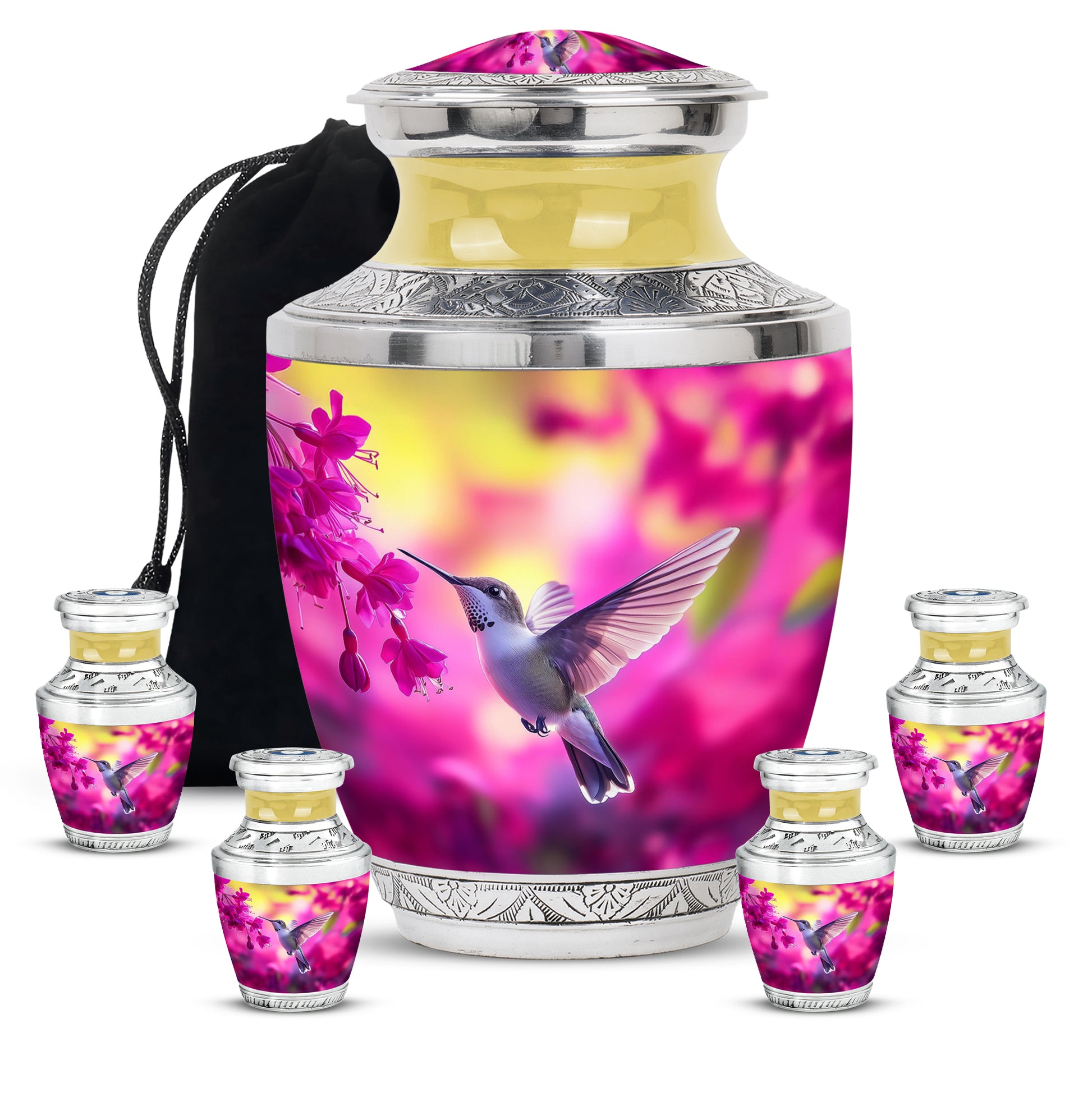 Salmon Pink Hummingbird Cremation Urn lifestyle display on memorial shelf - stylized abstract hummingbird pattern with bold lines - memorial set with one large and four small urns