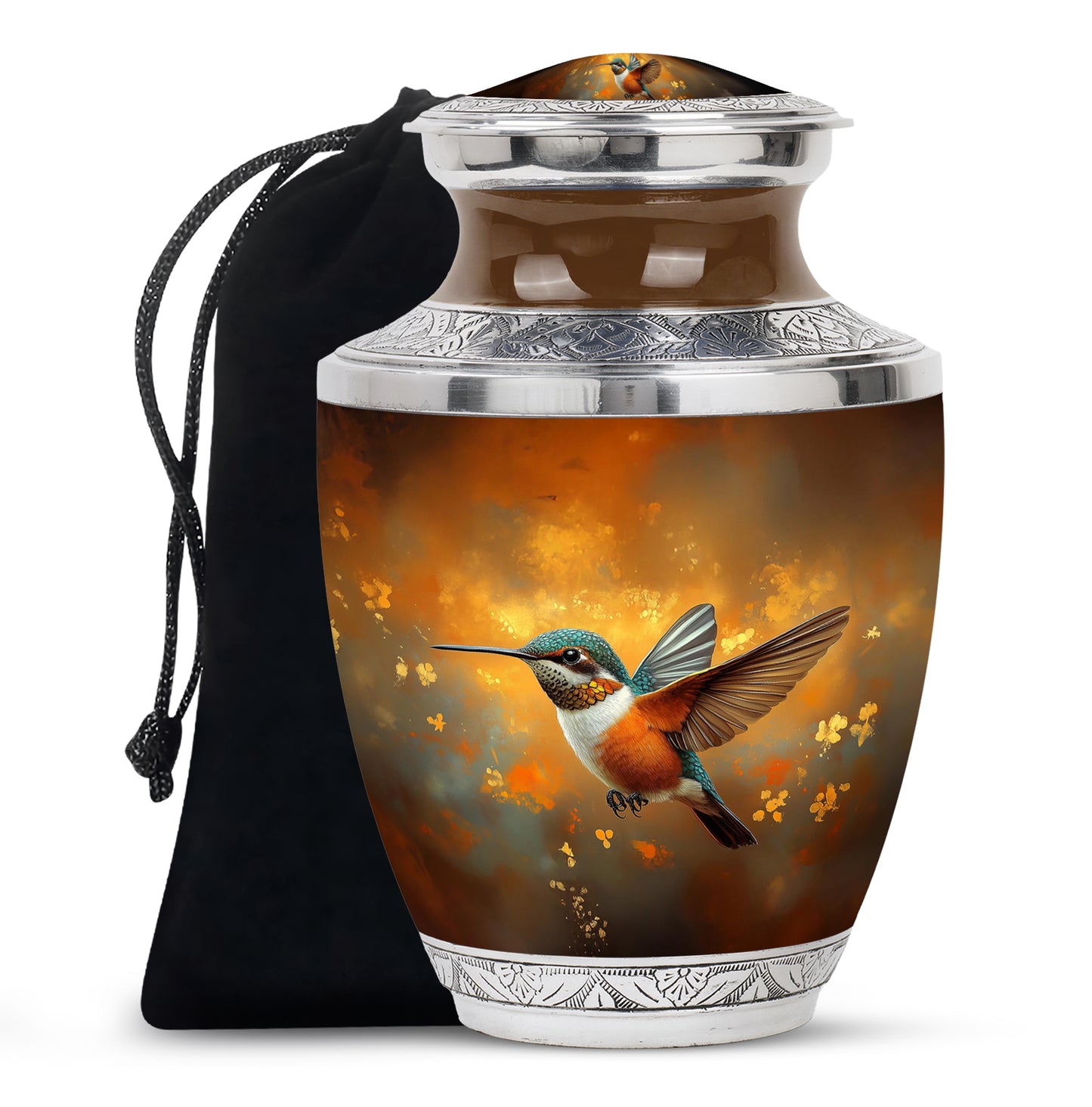 Champagne Gold Hummingbird Cremation Urn side profile showing urn shape - modern art-inspired hummingbird motif on sleek aluminum - full-size 10 inch 200 cubic inch adult cremation urn