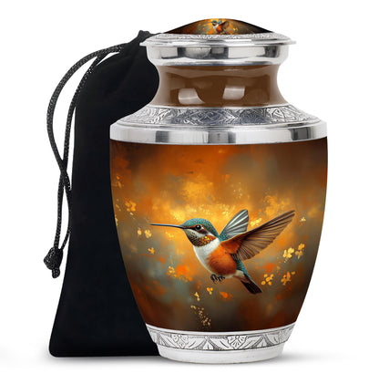 Champagne Gold Hummingbird Cremation Urn side profile showing urn shape - modern art-inspired hummingbird motif on sleek aluminum - full-size 10 inch 200 cubic inch adult cremation urn
