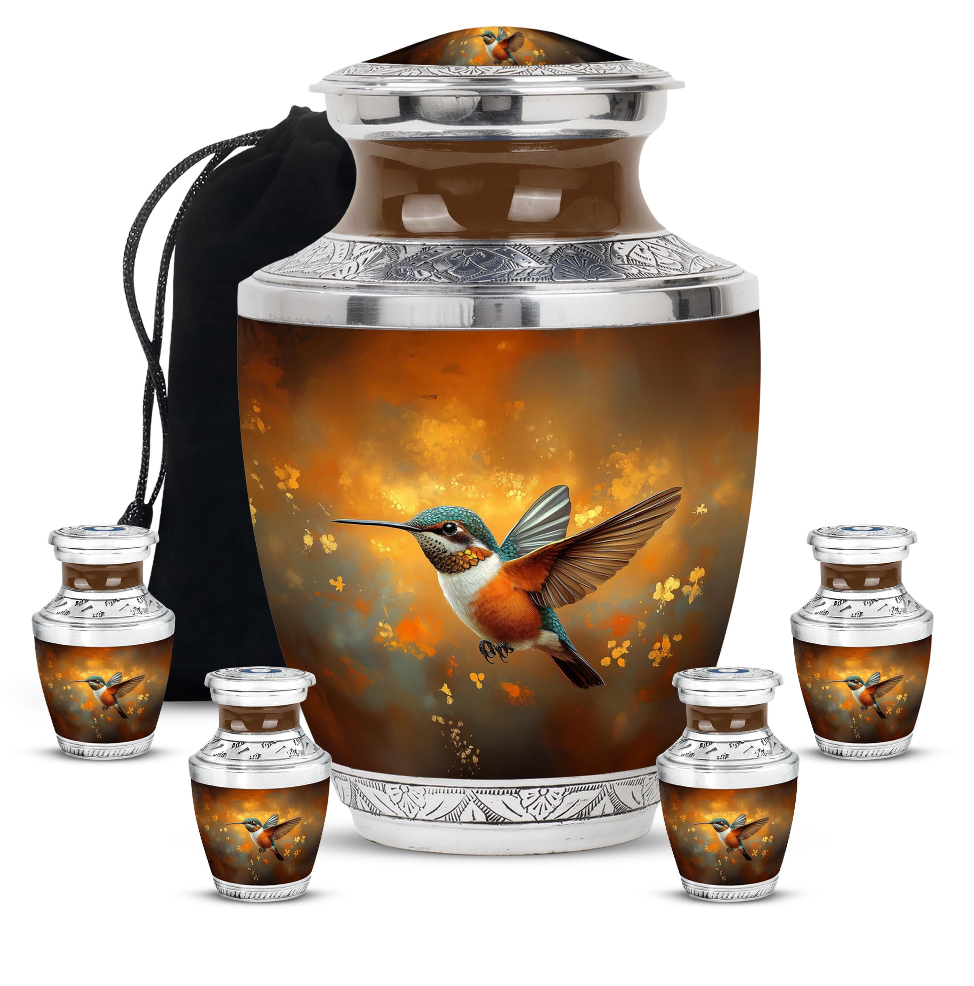 Warm Gold Hummingbird Cremation Urn lifestyle display on memorial shelf - stylized abstract hummingbird pattern with bold lines - memorial set with one large and four small urns