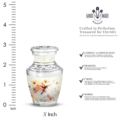 Ash Gray Hummingbird Cremation Urn top-down view of secure threaded lid - artistic hummingbird interpretation with creative detail - mini keepsake memorial for portion of cremation ashes