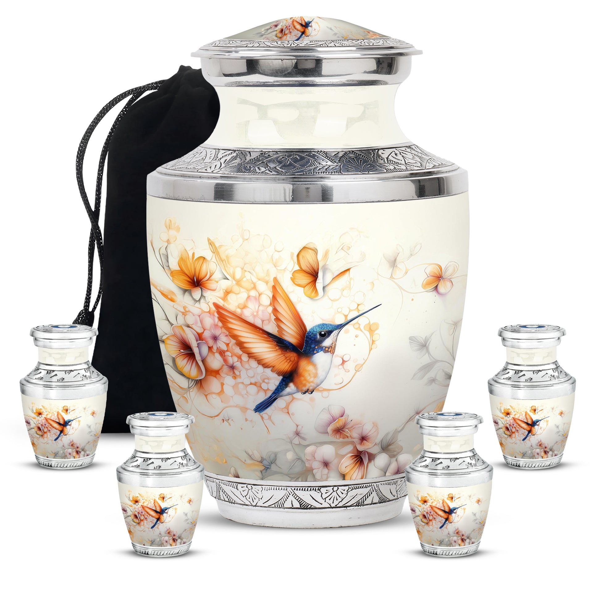 Ash Gray Hummingbird Cremation Urn lifestyle display on memorial shelf - stylized abstract hummingbird pattern with bold lines - memorial set with one large and four small urns