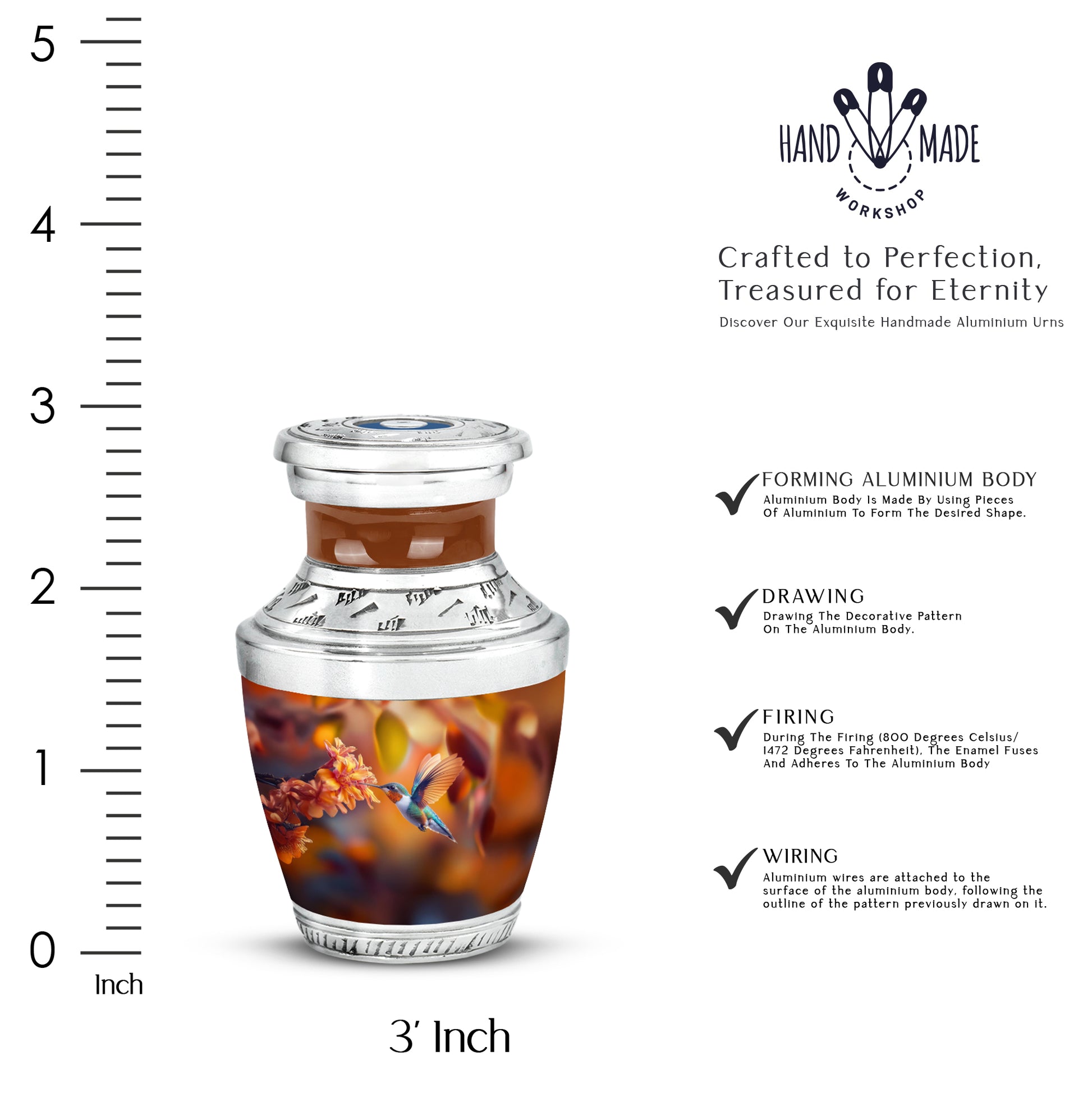 Matte Gold Hummingbird Cremation Urn top-down view of secure threaded lid - stylized abstract hummingbird pattern with bold lines - mini keepsake memorial for portion of cremation ashes