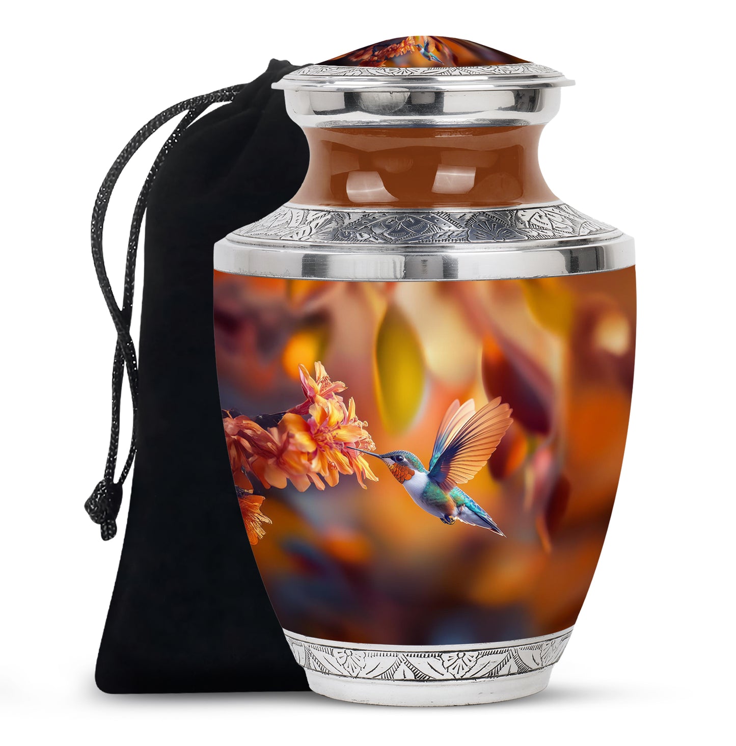 Matte Gold Hummingbird Cremation Urn side profile showing urn shape - artistic hummingbird interpretation with creative detail - full-size 10 inch 200 cubic inch adult cremation urn