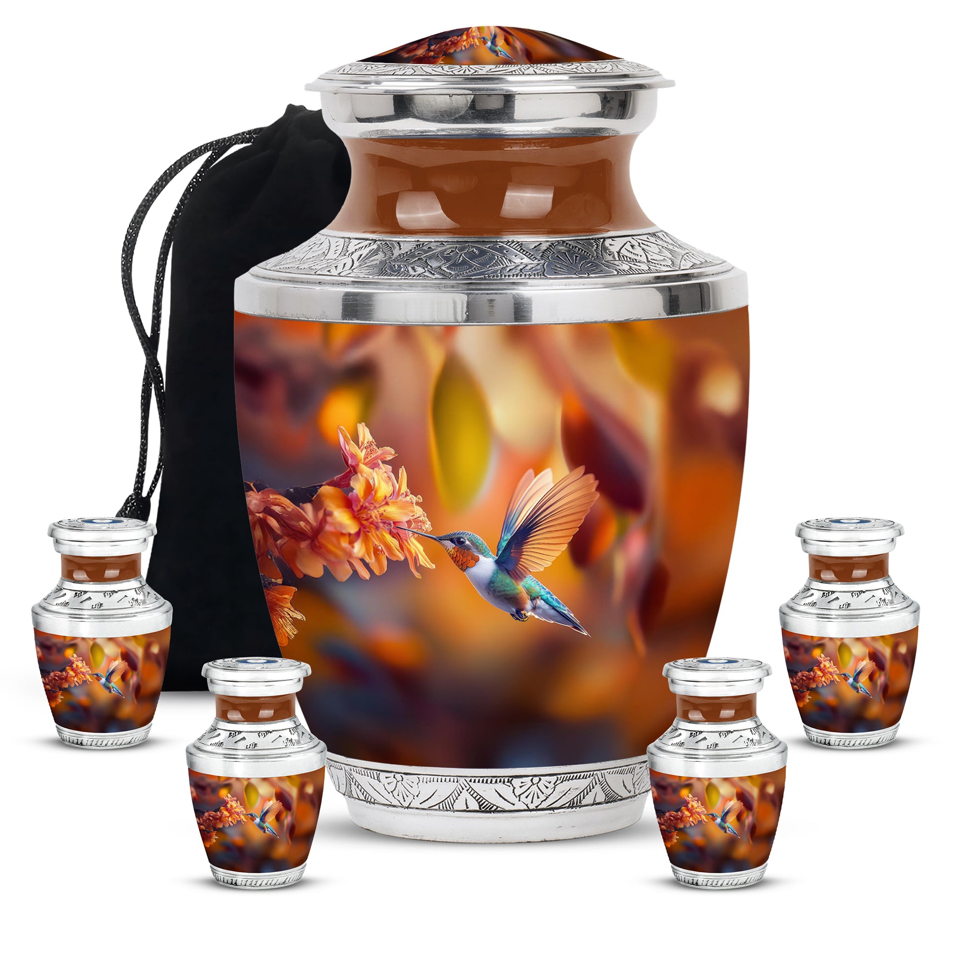 Royal Gold Hummingbird Cremation Urn lifestyle display on memorial shelf - stylized abstract hummingbird pattern with bold lines - memorial set with one large and four small urns