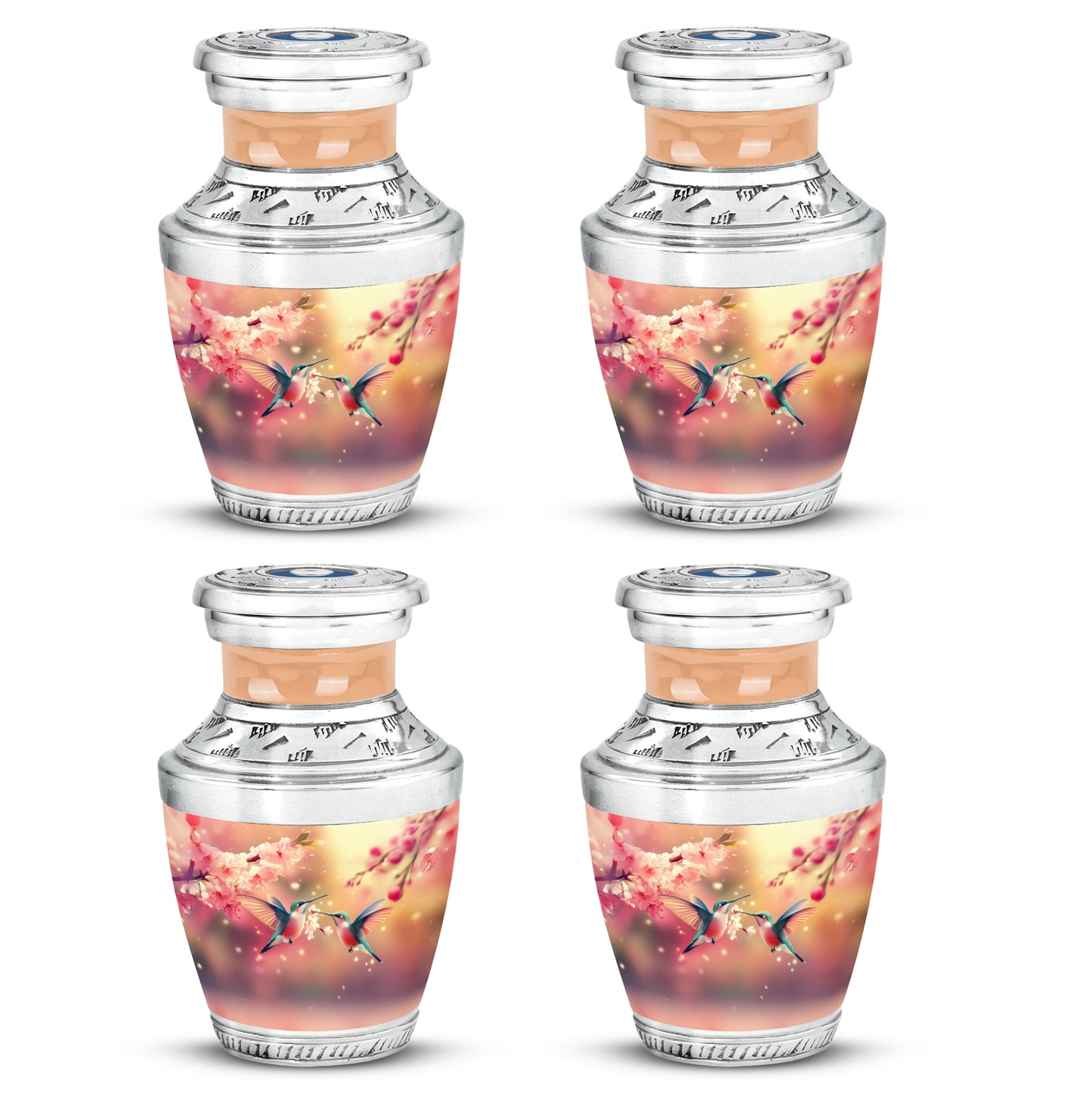Amber Gold Hummingbird Cremation Urn back view with polished surface - modern art-inspired hummingbird motif on sleek aluminum - 10 inch aluminum urn for cremated remains