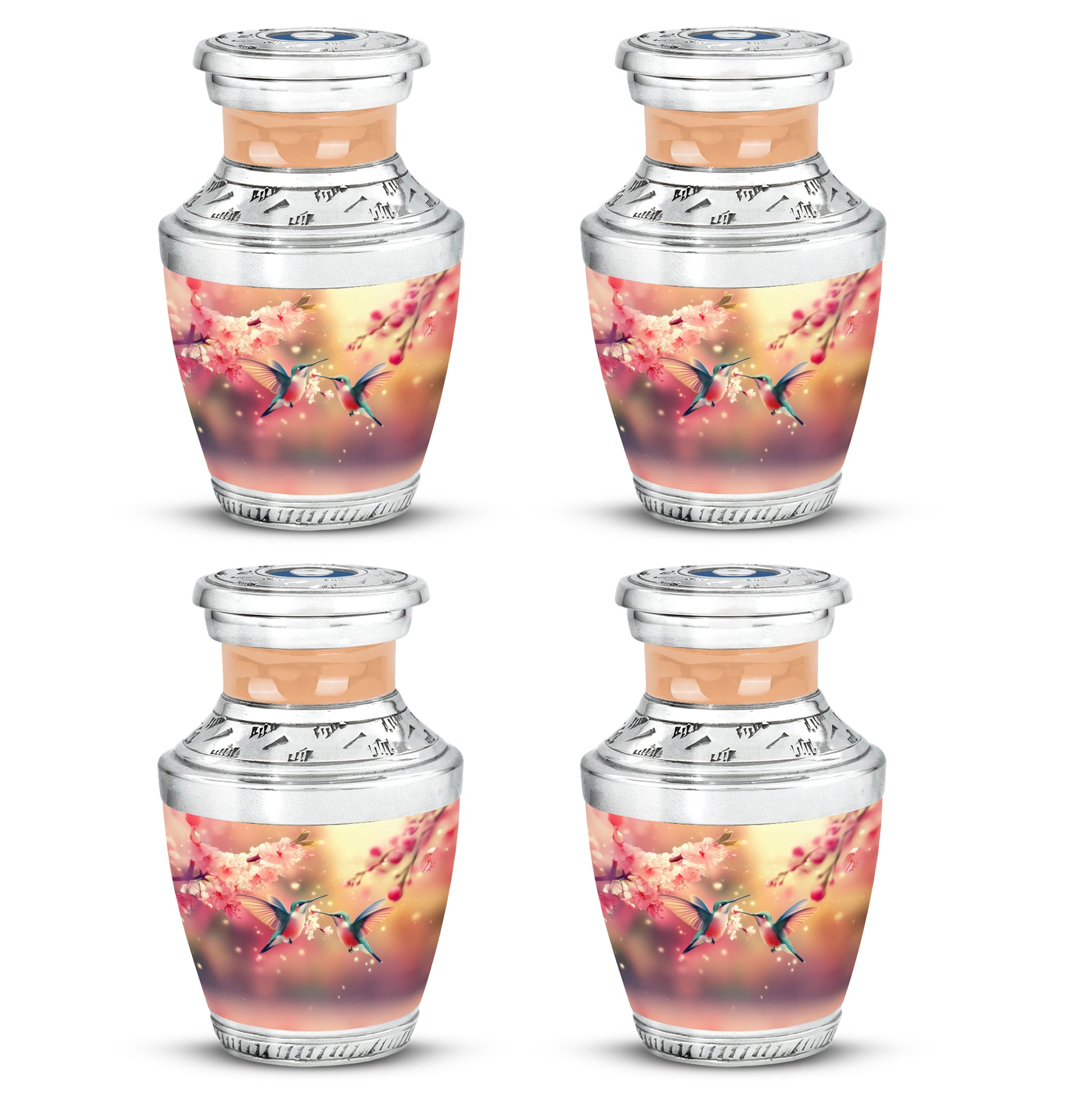 Amber Gold Hummingbird Cremation Urn back view with polished surface - modern art-inspired hummingbird motif on sleek aluminum - 10 inch aluminum urn for cremated remains
