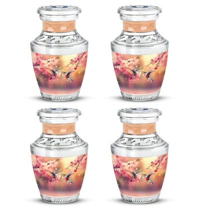 Amber Gold Hummingbird Cremation Urn back view with polished surface - modern art-inspired hummingbird motif on sleek aluminum - 10 inch aluminum urn for cremated remains