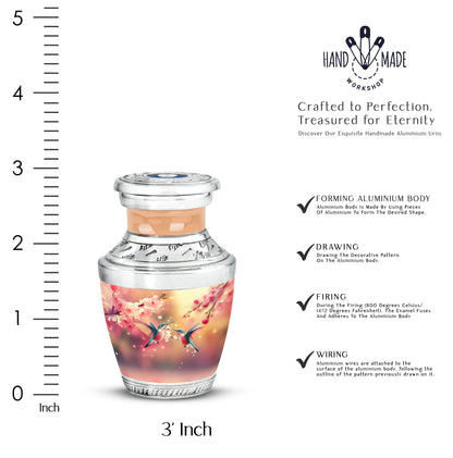 Warm Gold Hummingbird Cremation Urn top-down view of secure threaded lid - artistic hummingbird interpretation with creative detail - mini keepsake memorial for portion of cremation ashes