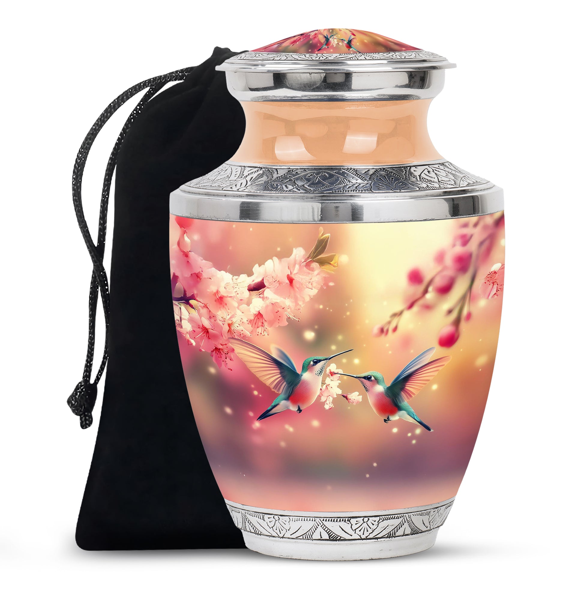 Royal Gold Hummingbird Cremation Urn side profile showing urn shape - stylized abstract hummingbird pattern with bold lines - full-size 10 inch 200 cubic inch adult cremation urn